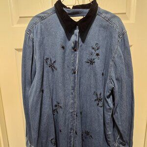 Victoria Jones Shirt/Blouse Womens 2X Denim Velvet Collar Beaded Embroidery